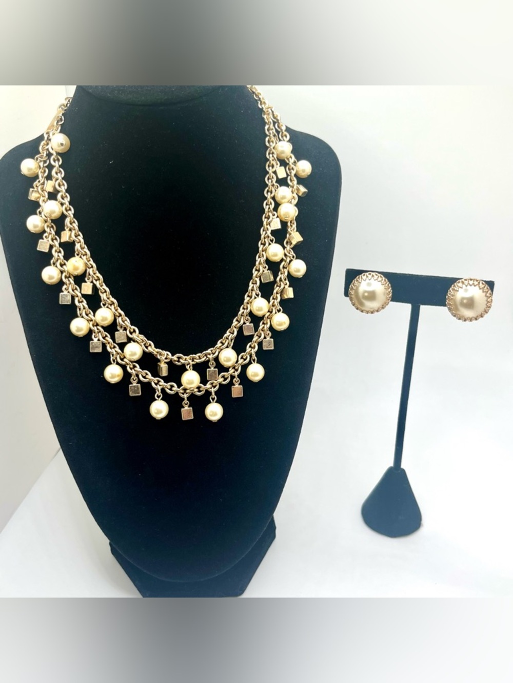 Barclay vintage gold tone multi strand necklace pearl dangle set